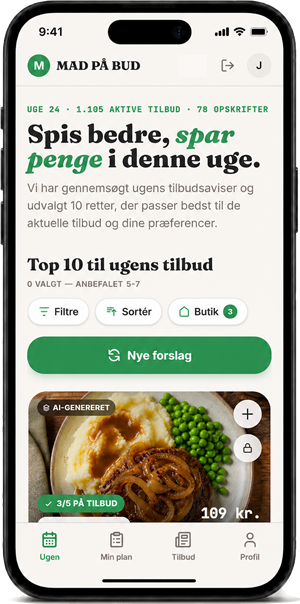 Mad på bud-appen vist på en mobil: ugens madplan med opskriftsforslag og priser